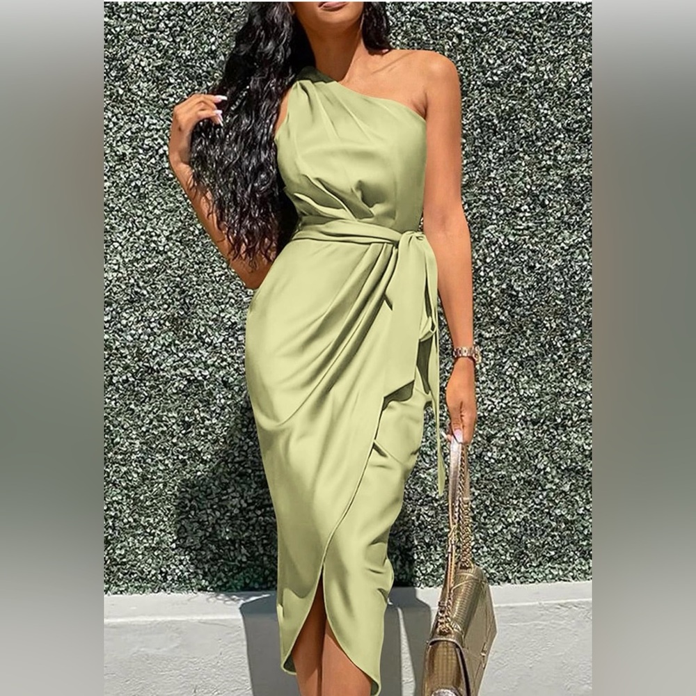 🍀Pretty Garden Elegant Sage Green One-Shoulder Dress🍀